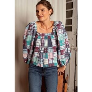 NWOT Ophelia & Indigo Martha Plaid Puff Long Sleeves Square Neck Top Size M
